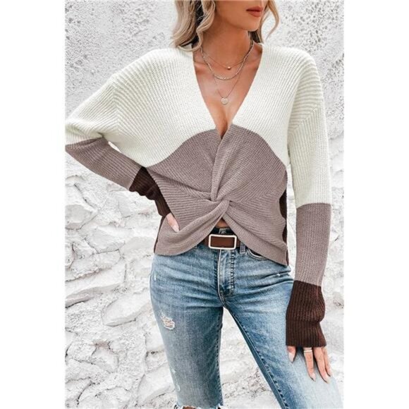 Khaki Colorblock Chunky Knit Pullover Sweater V Neck Twisted Knot Sweater Top - Picture 3 of 6